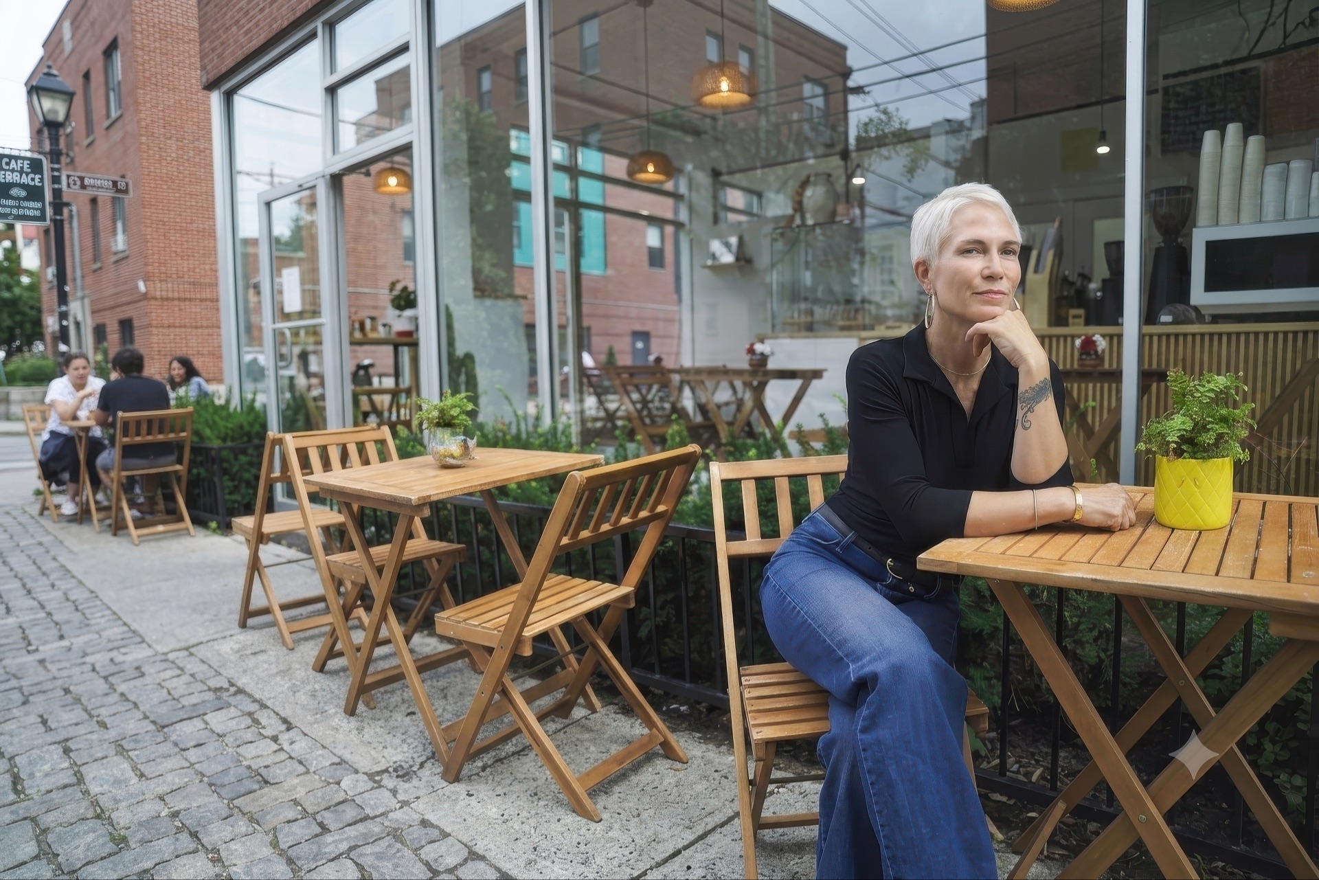 Mari Gardner seated at an outdoor cafe table on a cobblestone street